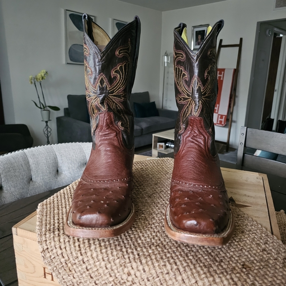 Men'sDILIGENCIA Square Tote Ostrich Vamp Genuine Leather Brown Western Boots